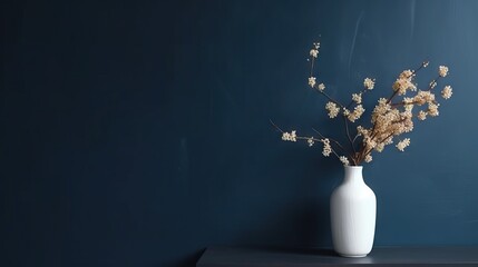 Vase with decorative plant branch against dark blue wall background. Minimalist interior mockup. Generative AI