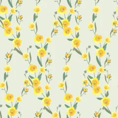 Fototapeten Pattern of yellow bright spring flowers on a light green background © Nataliya Zotova