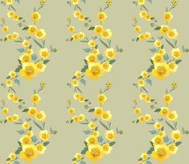 Pattern of yellow bright spring flowers on a light green background