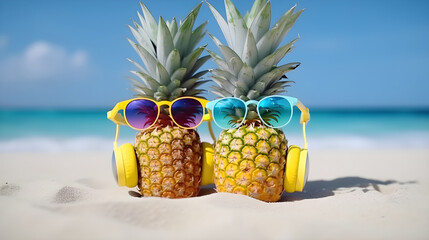 Ripe  pineapple in stylish mirrored sunglasses and golden headphones on the sand against the background turquoise sea water. Happy vacation concept. Summer sunny day on tropical island Generative AI