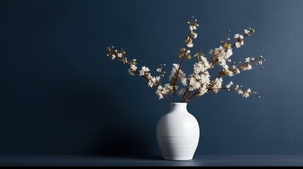 Vase with decorative plant branch against dark blue wall background. Minimalist interior mockup. Generative AI