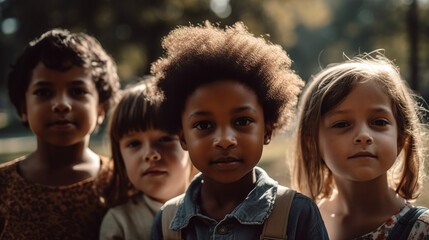 Fototapeta premium A group of young children with clear facial features from different ethnic backgrounds playing together outside on a sunny day