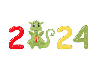 Vector illustration of cartoon cute dragon and funny color number 2024 with a gift box on New year.