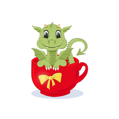 Fototapeta premium Vector illustration of cartoon cute dragon in cup at New year 2024 without background.