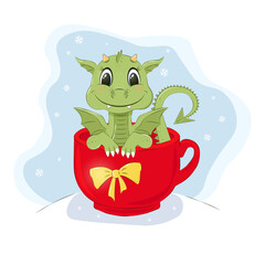 Vector illustration of cartoon cute dragon in cup at New year 2024.