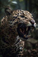 Wild Jaguar panthera roaring aggressively. Jungle forest running generative ai