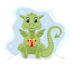 Vector illustration of cartoon cute dragon with a gift box on New year 2024.