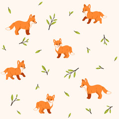 Simple seamless trendy animal pattern with silhouette of fox and twig. Cartoon vector illustration.
