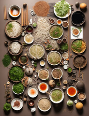 Top photo, beautifully laid out Vietnamese noodles, props, healthy юfood. .healthy.AI