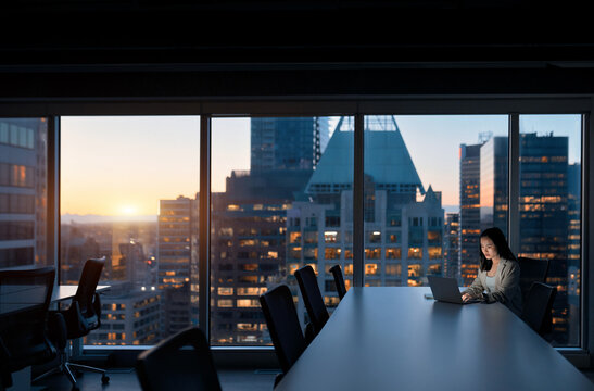 Young busy Asian business woman executive working on laptop at night in dark corporate office. Professional businesswoman manager using computer sitting at table, big city evening view Generative AI