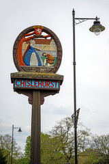 Chislehurst, Kent, UK: Chislehurst old village sign at Royal Parade. Chislehurst is in the Borough of Bromley, Greater London.
