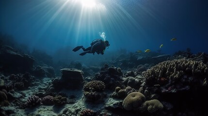 Fototapeta na wymiar Scuba diver exploring a coral reef in crystal clear waters in the morning created with Generative AI technology