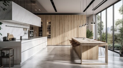 Fototapeta na wymiar A harmonious blend of wood, metal, and concrete kitchen interior. AI generated