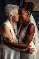 Obraz na płótnie Canvas Old women lesbian couple. marrage Black and Caucasian female bride in love. LGBT pride month celebration generative ai