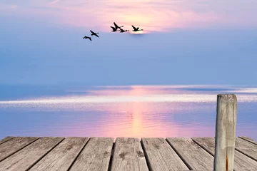 Foto op Plexiglas paseo de madera junto al mar con el atardecer © kesipun