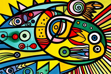 Abstract painting avant-garde style art print with eyes. Bright colors design with shapes and lines, suitable for prints, posters and covers. Illustration created with Generative AI technology