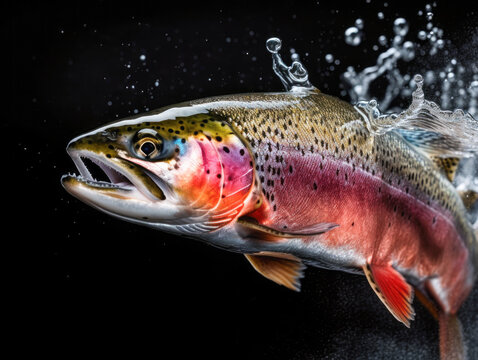 Golden, rainbow trout on a fish farm splashing in the water. Fish are looking for food, jumping out of the water. Generative AI