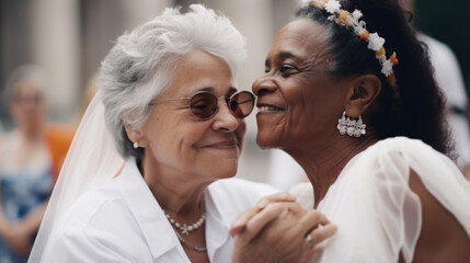 Old women lesbian couple. marrage Black and Caucasian female bride in love. LGBT pride month celebration generative ai