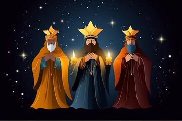 Fototapeta na wymiar illustration, the three wise men with golden crown and snowflakes, generative a