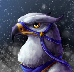 Fantasy creature - white gryphon on a dark background with snow