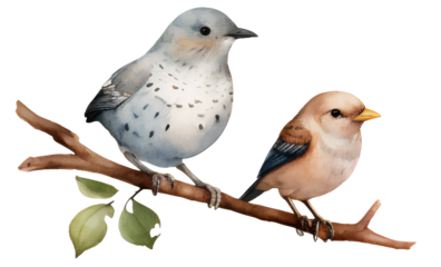 Watercolor illustration of two birds perched on a branch