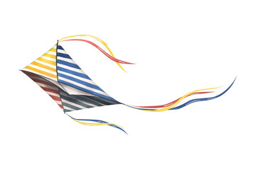 Flying kite striped with ribbons. Watercolor illustration, hand drawn. Isolated object on a white background.