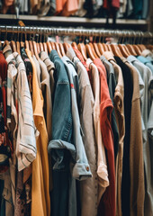 Second hand clothes in shop, eco - friendly sustainable shopping, generative ai 
