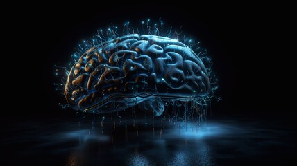 Blue glowing light of the human brain. Generative AI.