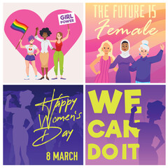 Set of squared banners about women's rights flat style