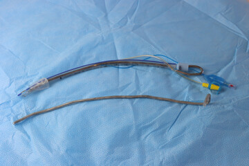 Endotracheal tube stylet inside and outside the tube in a surgical surface 