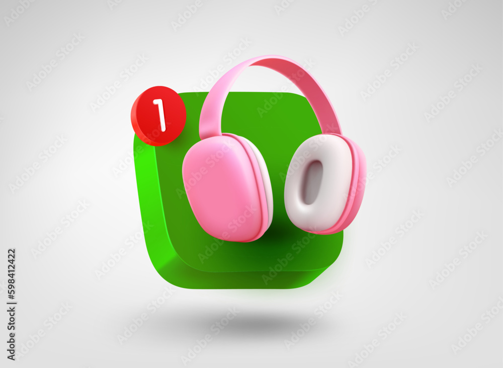 Aufkleber Audio app button with headphones. 3d vector mobile application icon