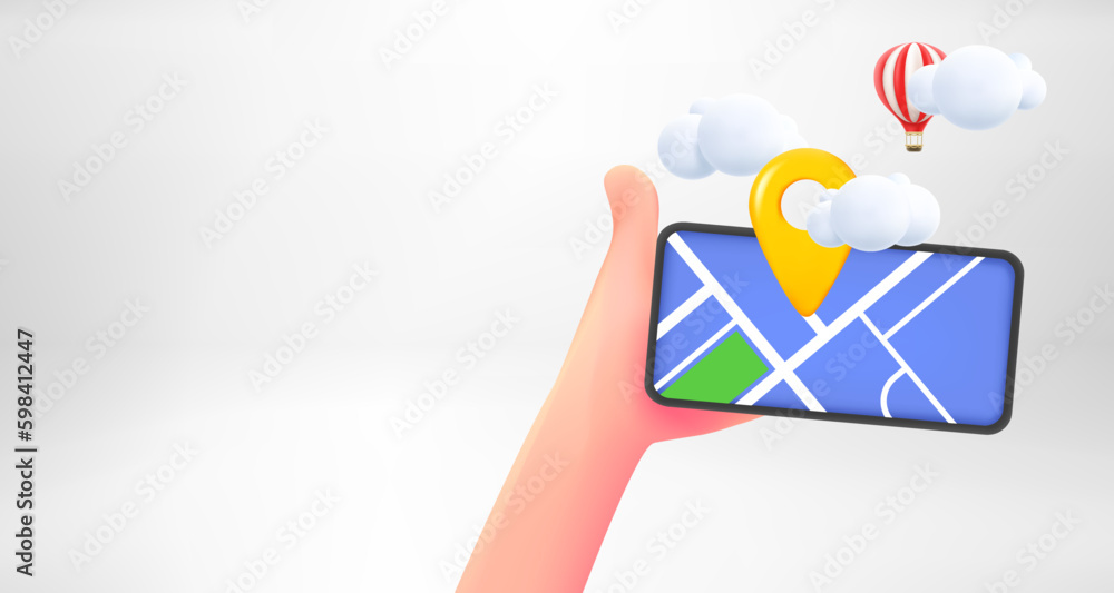 Leinwandbilder Hand with smartphone and navigation application. 3d vector banner with copy space