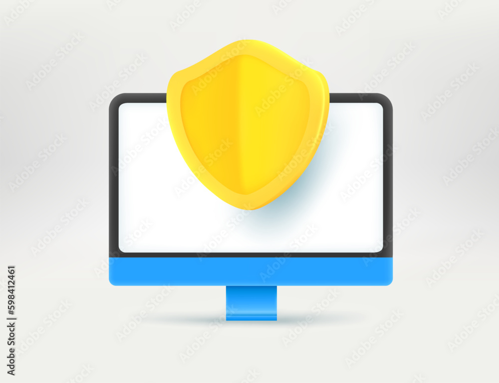 Poster Modern computer with golden shield. Computer security concept. 3d vector illustration