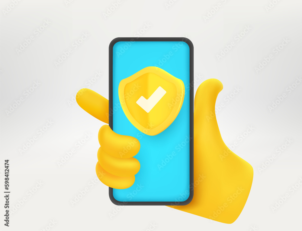 Poster modern smartphone with golden shield in the hand. mobile security concept. 3d vector illustration