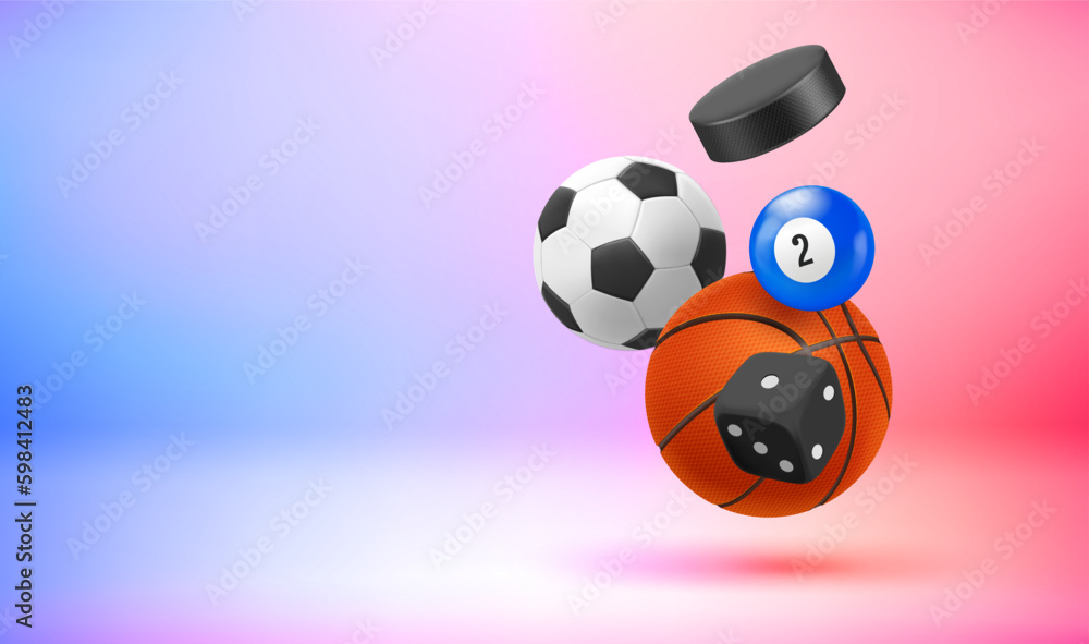Poster sport games concept with inventory. 3d vector banner with copy space