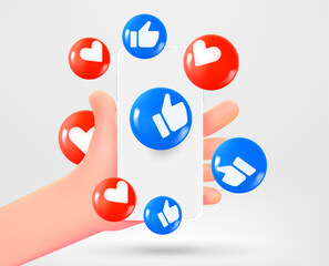 Man holding smartphone with social media icons. Vector 3d illustration