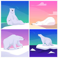 Set of scenes with polar bears in different poses flat style
