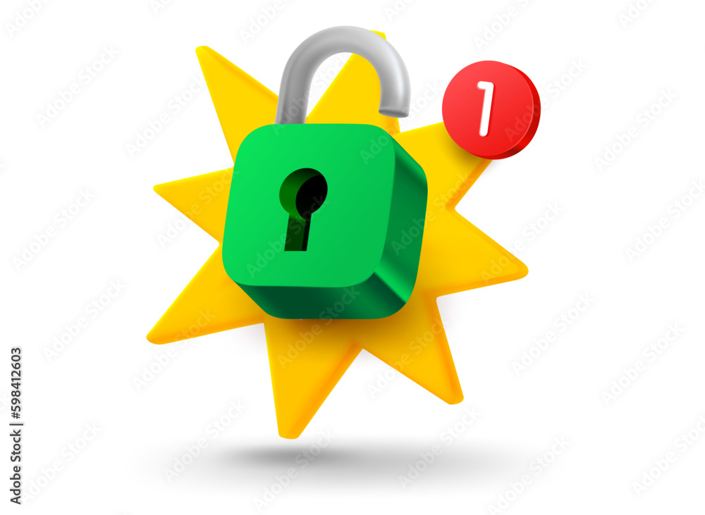 Poster Opened padlock with explosion effect. 3d vector mobile application icon with notification