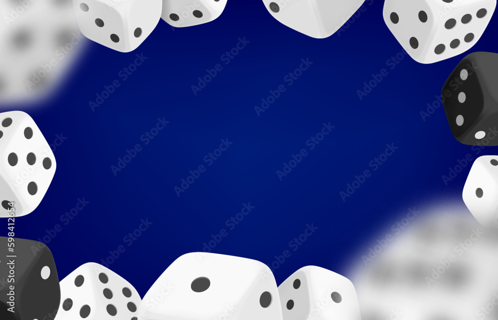 Poster Casino game concept with dice and casini chips. 3d vector frame with copy space
