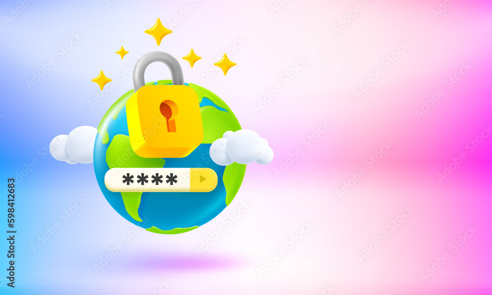 Poster the golden padlock with keyhole and password tab. global security concept. 3d vector banner with cop