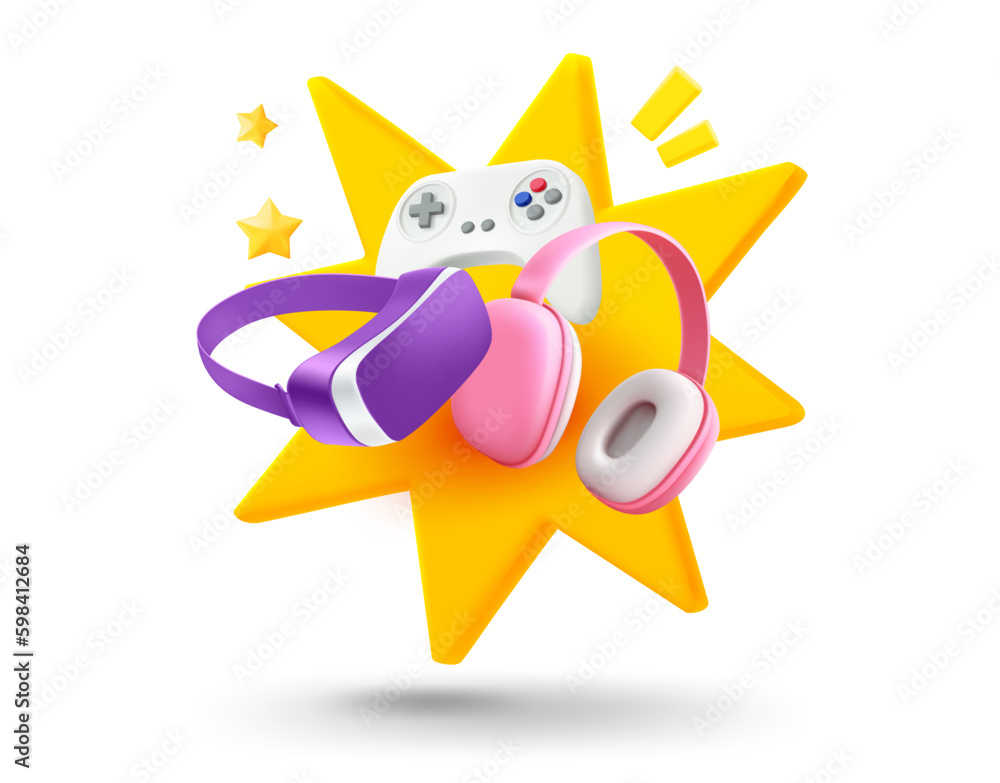 Poster Modern virtual games concept with explosion effect. 3d vector mobile application icon with notification