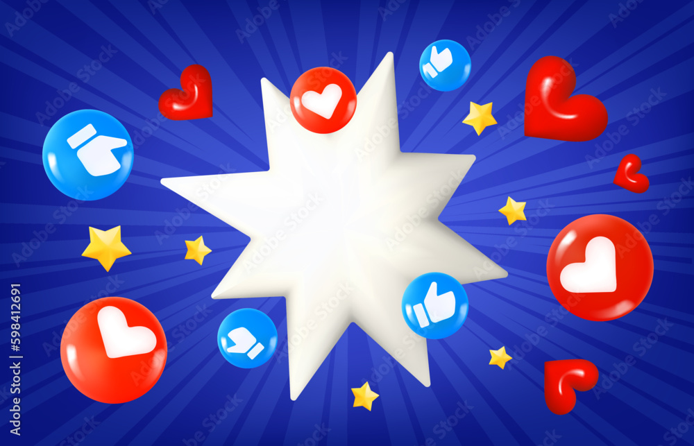 Poster Social media concept with flying elements and flash with copy space. 3d vector illustration
