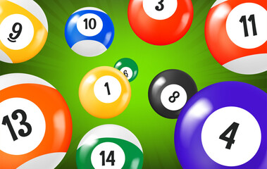 Flying billiard balls. 3d vector illustration
