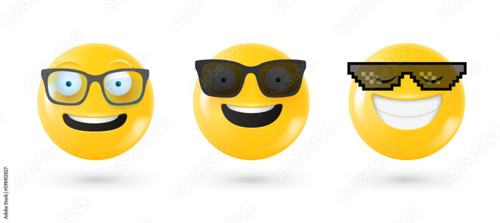 Poster Different facial emoticons 3d vector set. Emoji isolated on white background with shadow