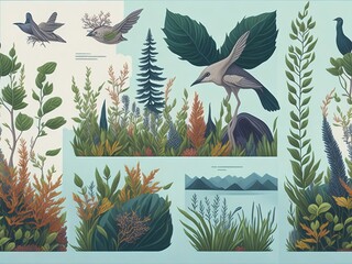 set of birds ,nature-inspired illustrations ,landscapes, wildlife, and botanicals environmental campaigns, educational materials, and digital assets.