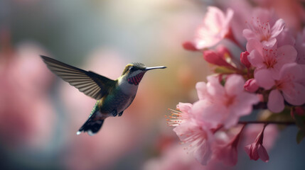 Fototapeta premium a hummingbird indulging in sweet honey from a vibrant pink cherry flower