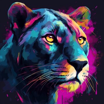 illustration, phanter face with glow and colors, ai generative