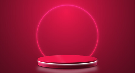Realistic 3d cylinder pedestal podium. Abstract vector rendering geometric forms, glowing neon cirle. Pastel minimal scene. Stage for showcase, Product display