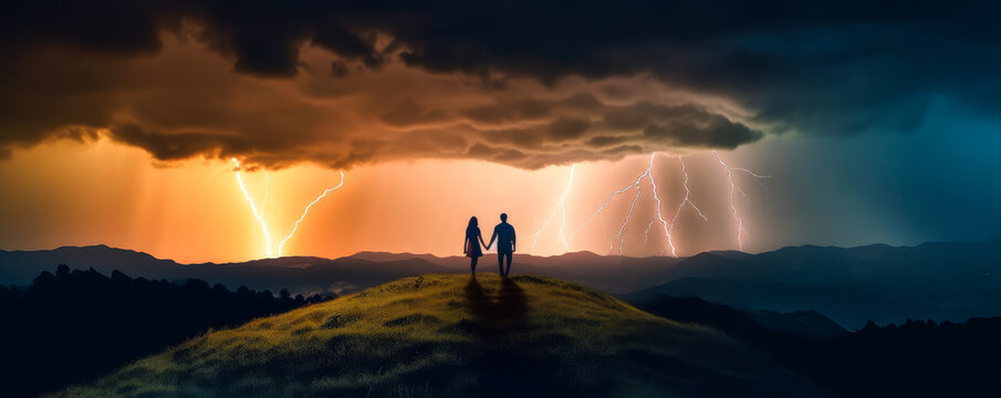 Broken couple walking on the hill under a thunderstorm lit by lightning and soaked by rain, ideal photo to create a dramatic atmosphere. Generative AI