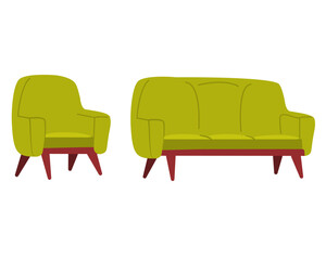 Cosy comfortable office chair.Comfortable couch.Green Armchair for living room.Furniture sofa couch seats.Vector flat illustration.Isolated on white background.